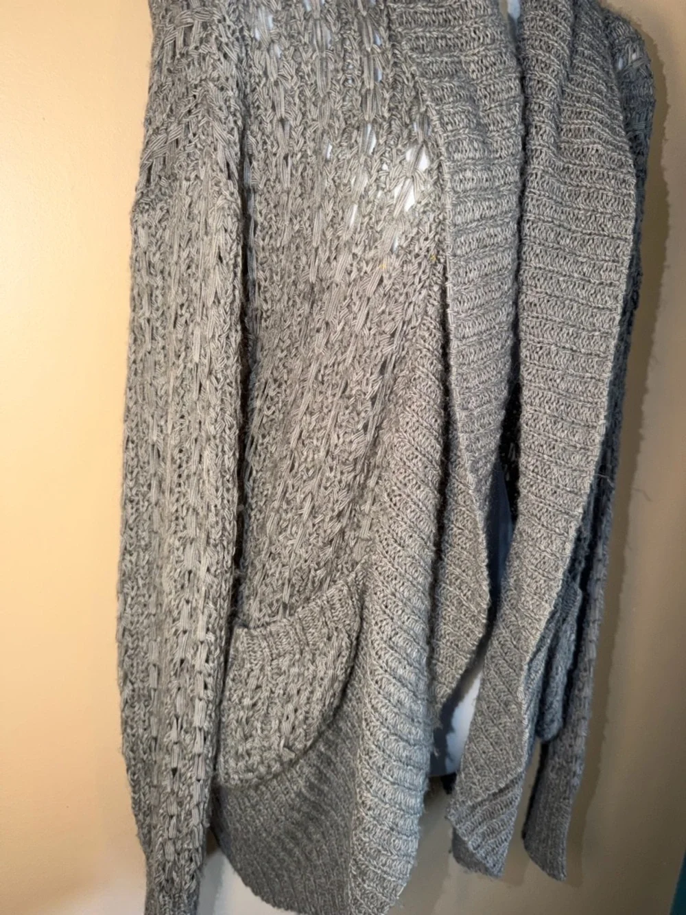Fever Gray Women’s Crochet Knit Longline Drape Cardigan - Picture 2 of 7